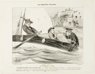 Een bootmanoeuvre. De kapitein schreeuwt in zijn trompet: "- Gabier! Er komt een storm aan, maak je klaar! ..... Hijs alle zeilen!... Dat is goed:.... heel goed! - Waarom zei je dat niet rustig tegen me in plaats van dat enorme instrument in mijn oor te du