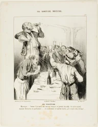 Een receptie. "Heren..... laten we drinken op de gezondheid van de Franse zeilers in het algemeen en op de nieuwe teamgenoot Greluchon in het bijzonder!.... en in afwachting van zijn vuurdoop geven we hem er ondertussen eentje met water," plaat 10 van Les 