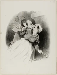 Een terugkeer van de jeugd. "Schreeuw zoveel je wilt, jij kleine duivel.... mijn vrouw is niet thuis.... scheur mijn haar uit naar hartelust!," plaat 50 uit Les beaux Jours de la vie