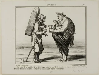 Als gevolg van de wijnziekte, maar ook door de oprichting van de "Society for the Production of Artificial Wine", besluit zelfs Bacchus over te stappen op kokoswater als dagelijkse drank, plaat 407 van Actualités