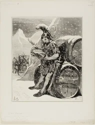 De oversteek van Hannibal. Deze hoge bergen waar de sneeuwtoppen lijken op het witte voorhoofd van een reus, beven om een weg te smeden, met een triomfantelijk lied veranderde Hannibal de Alpen in cornichon. (Les Occidentals door Mr. Quinet), plaat 28 uit 