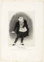 Henri Monnier. (in de rol van Joseph Prudhomme) "- Nooit zal ik toestaan dat mijn dochter de vrouw wordt van een krabbelaar!", plaat 1 uit Les Artistes Contemporains (Odéon)
