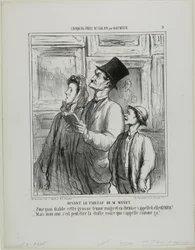 Kijken naar het schilderij van Manet. "Waarom heet die dikke vrouw met haar rode gezicht in haar nachthemd Olympia - Maar lieverd, misschien is dat de naam van de zwarte kat," plaat 9 uit Croquis Pris Au Salon par Daumier