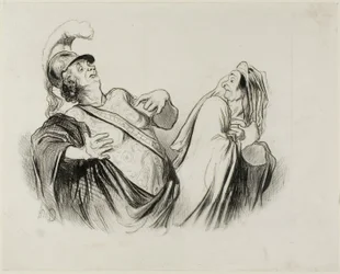 Merope. "Een soldaat van mijn statuur is heel goed in staat om de staat te besturen als die eenmaal met zoveel plezier is verdedigd," plaat 2 uit Physionomies Tragiques (recto); Provost. (in le Puff - Thtre Français) "Le Puff, est l