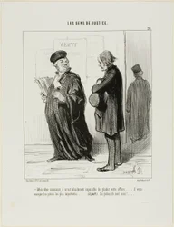 "Mijn beste man... het is echt onmogelijk voor mij om jouw zaak aan te nemen.... je mist het belangrijkste bewijsstuk.... (behalve) het geld om mijn honoraria te betalen," plaat 20 van Les Gens De Justice
