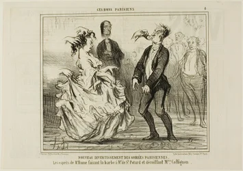 Nieuw vermaak op de Parijse avondfeesten. De geest van Mr. Hume die de baard van Monsieur de St. Potard scheert en het haar van Madame Coffignon losmaakt, plaat 8 uit Ces Bons Parisiens