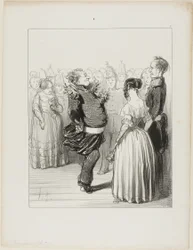 Rifolard opent de bal en voert een gedurfde danspas naar voren uit, die alom wordt geprezen, bord 5 van Les Banqueteurs