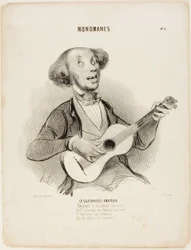 De Amateur Gitarist. Terwijl hij ieders geeuw trotseert, Terwijl hij zijn miezerige vers zingt, Zou hij een gezelschapsliedje zingen, Op de ruïnes van het universum...," plaat 4 uit Monomanes