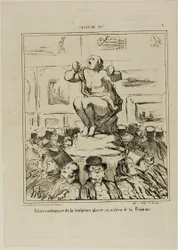Het ongenoegen van een sculptuur geplaatst in het midden van een tentoonstelling van schilderijen, plaat 5 uit Salon De 1857