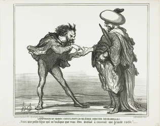 De keizer van Marokko in overleg met de beroemde magiër Desbarolles. "- Deze kleine lijn hier geeft voor mij aan dat je een koninklijke aframmeling gaat krijgen!", plaat 126 uit Actualités