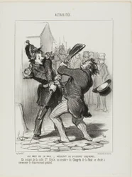 De Vrienden van de Vrede - Resultaat van een toespraak van Coquerel. Bij het verlaten van de wijk Saint Cécilia besloot een lid van het vredescongres tot een algemene ontwapening, plaat 7 uit Actualités