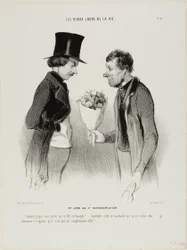 De openingsavond! "Wat! Zelfs mijn portier biedt me bloemen aan!... Zegen mijn ziel, deze komedie gaat me een fortuin kosten... Ik begin er spijt van te krijgen dat hij niet helemaal van het toneel is verdwenen," plaat twaalf uit Les beaux jours de la vie