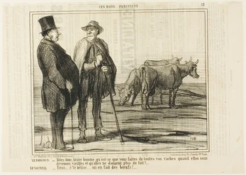 De Parijzenaar "- Zeg eens, goede man, wat doe je met al die koeien als ze oud zijn en geen melk meer geven De koeherder "- Domme vraag... we maken er ossen van!," plaat 13 uit Ces Bons Parisiens