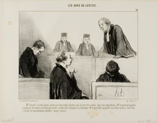 De verdediging complimenteert het talent van de aanklager, terwijl de procureur-generaal de welsprekendheid van de verdediging bewondert. De rechter applaudisseert voor beiden en iedereen is tevreden, behalve de beschuldigde, plaat 16 uit Les Gens De Justi
