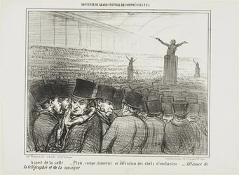 Zicht op de grote zaal. Plattegrond, hoogte en vooraanzicht van de dirigent. Grote alliantie tussen telegraaf en muziek, plaat 1 uit Souvenir Du Grand Festival Des Orphéonistes