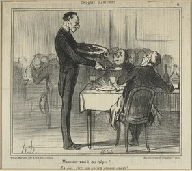"Zou Monsieur wat crêpes willen... - Hij moet een begrafenisondernemer zijn geweest," plaat vijf uit Croquis Parisiens (Parijse Schetsen)