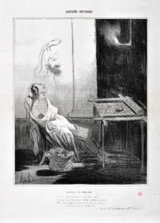 Kunstwerk door Honore Daumier (1808-1879) Charivari dateert uit 1842: Serie HISTORIE ANCIE Les Nuits de Penelope Van haar afwezige echtgenoot het aanbiddelijke profiel, Voor altijd schitterde in haar zachte ogen als een ster Maar om drie jaar te weven en h
