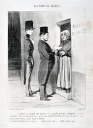 Kunstwerk door Honore Daumier (1808-1879). Charivari dateert uit 1845: Serie LES PEANS DE JUSTICE -... en sprekend bij zijn deur zo verklaard, heeft hem bedoeld dat hij de genoemde sommatie moest gehoorzamen, anders en bij het niet doen zal hij gedwongen w