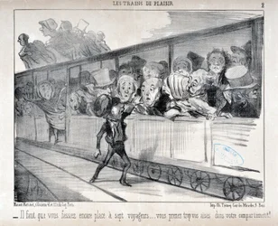 Kunstwerk door Honore Daumier (1808-1879). Charivari dateert uit 1852: Serie LES TRAINS DE PLEASURE - Je moet plaats maken voor zeven passagiers... je zit te comfortabel in je compartiment! MUSEUM VAN SCHONE KUNSTEN - PALEIS LONGCHAMP, MARSEILLE