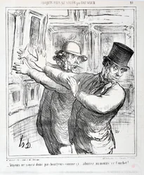 Kunstwerk door Honore Daumier. Charivari dateert uit 1865: Serie Schetsen Gemaakt op de Salon - Laten we niet zo burgerlijk zijn... bewonder tenminste deze Courbet! MUSEUM VAN SCHONE KUNSTEN - PALEIS LONGCHAMP, MARSEILLE
