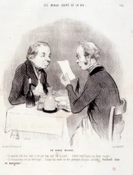 Spotprent over duur leven. Serie The Beautiful Days of Life: Een magere maaltijd... Gravure door Honore Daumier. Uit de krant Le Charivari op 18 oktober