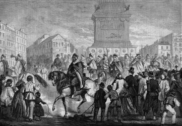 Defilé van de spahis van het Algerijnse koloniale leger in de straten van Parijs (passage op de Place de la Bastille)