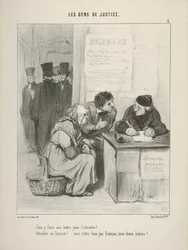 "Moet men een brief schrijven om hem te vermurwen?... Een deurwaarder vermurwen!... U bent dus geen Fransman, beste man?....", plaat 5 uit Les Gens de Justice
