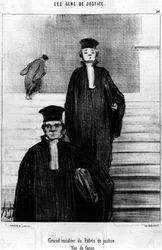 Grote trap van het Paleis van Justitie, Gezicht op gezichten, uit de "Gens de Justice", serie cartoons over Justitie door Honore Daumier (1808-1879). "Charivari"