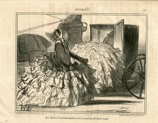 Le Charivari, Satirisch in ZW, ca. 1855_5_11: Nieuws nr. 190. Dames van een halve wereld maar niet van rokken. - Mode, Transport, Crinolines - Vrouwen Illustratie door Honore Daumier (1808-1879)