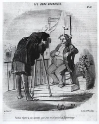 Les Bons Bourgeois - De meest geschikte positie om een mooi portret in de daguerreotypie te hebben, karikatuur van Daumier - in 