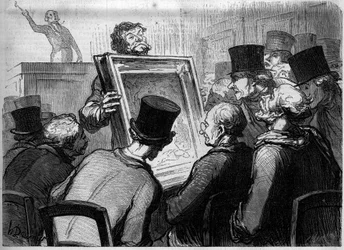 Schildersliefhebbers in Hotel Bouillon. Spotprent van Honore Daumier (1808-1879). Gravure in "Le Monde Illustré" n°250 van 25 januari.