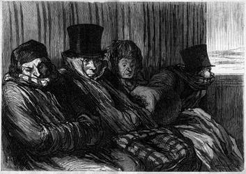 Pleziertreinen: 10 graden van verveling en slechte stemming. Cartoon door Honore Daumier. Gravure in Le Monde Illustré nr. 249 van 18 januari