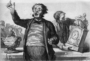 Het hotel van veilingmeesters: de openbare omroeper. Cartoon door Honoré Daumier (1808-1879). Gravure in 