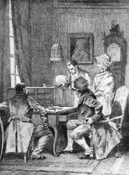 Illustratie door Edouard Toudouze (1848-1907) voor Huwelijkscontract, roman door Honore de Balzac (1799-1850) uit de meerdelige collectie getiteld Human Comedy, gepubliceerd in 1902, Parijs
