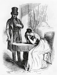 Vrouw in wanhoop onder blik van man, illustratie uit Ferragus van Honore de Balzac, Franse editie