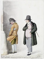 Man die tegen een muur urineert en een andere voorbijganger - lithografie door Brunet