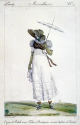 Modegravure door Horace Vernet (1789 - 1863), gemaakt rond 1810 voor "Een Wonderbaarlijke", die een vrouw toont met een ecru baldakijn, een bloederige, tartan borduurwerk en een paraplu