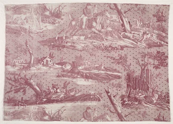 Fragment van koperplaat bedrukt katoen met jachtscène ontwerp, ca. 1815