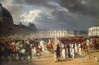 Invalide overhandigt een petitie aan Napoleon tijdens de parade in de binnenplaats van het Tuilerieënpaleis
