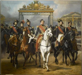 Koning Louis-Philippe omringd door zijn vijf zonen verlaten de hoofdingang van het kasteel van Versailles na een militaire revue op de binnenplaats, 10 juni 1837.