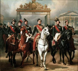 Koning Louis-Philippe omringd door zijn vijf zonen die door het erehek van het kasteel van Versailles vertrekken na een militaire parade