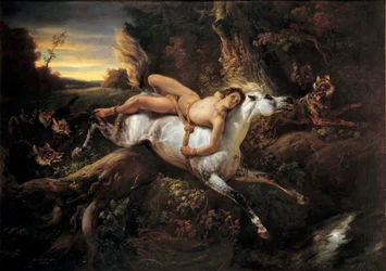Mazeppa, illustratie bij het gedicht van Lord Byron of Victor Hugo: de held Mazeppa wordt, nadat hij een edelman heeft beledigd, aan een wild paard vastgebonden. Schilderij van Émile Horace Vernet (1789-1863), 19e eeuw, Avignon, Musée Calvet