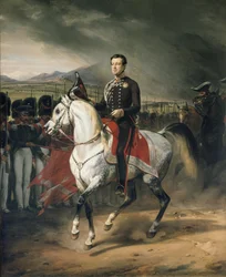 Portret van Carlo Alberto Amedeo van Savoye, koning van Sardinië, te paard
