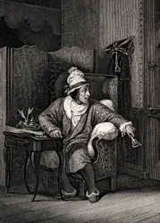 Scène uit De ingebeelde zieke van Molière, door Horace Vernet, gravure - Le Malade imaginaire door Jean-Baptiste Poquelin, bekend als Molière (1622-1673)