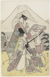 Twee vrouwen die per paard reizen aan de voet van de berg Fuji, ca. 1790s