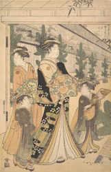 Twee Oiran met Twee Vrouwelijke Bedienden in de Yoshiwara