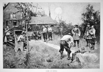 Een spelletje kegelen in koloniaal Amerika in de 17e eeuw