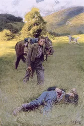 Een eenzaam duel in het midden van een groot zonnig veld, illustratie uit 