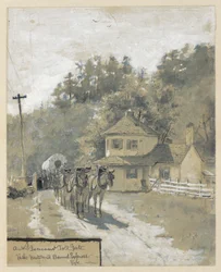 Een oude tolpoort met westwaarts gebonden express, tekening van een illustratie voor het artikel