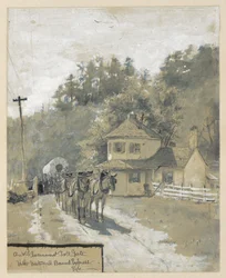 Een oude overheidstolpoort met een westwaarts rijdende sneltrein, tekening van een illustratie voor het artikel "The Old National Pike" van William Henry Rideing